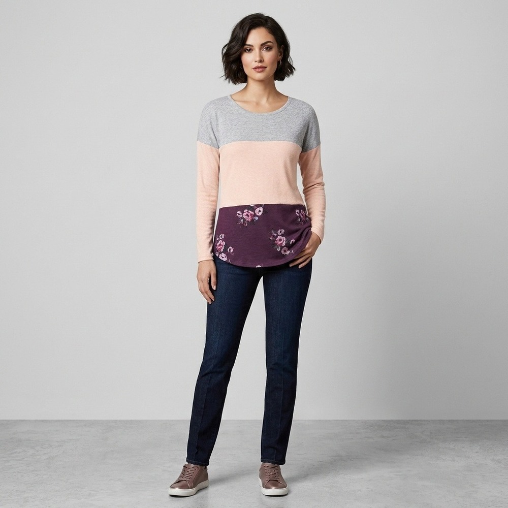 Tru Self Womens Top Colorblock Floral Lace Back Long Sleeve Grey Pink Burgundy S